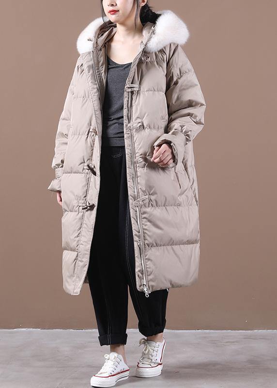 Loose fitting snow jackets pocket outwear khaki hooded fur collar down coats - bagstylebliss