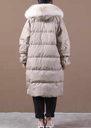 Loose fitting snow jackets pocket outwear khaki hooded fur collar down coats - bagstylebliss