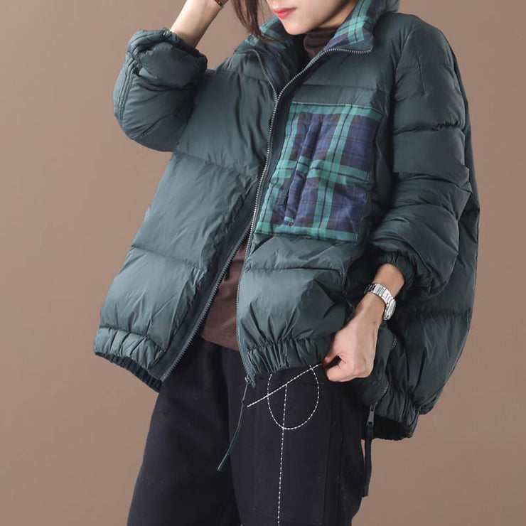Loose fitting womens parka Jackets blackish green stand collar patchwork warm winter coat - bagstylebliss