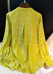 Fine Yellow Stand Collar Jacquard Silk Blouses Long Sleeve