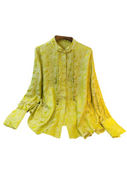 Fine Yellow Stand Collar Jacquard Silk Blouses Long Sleeve