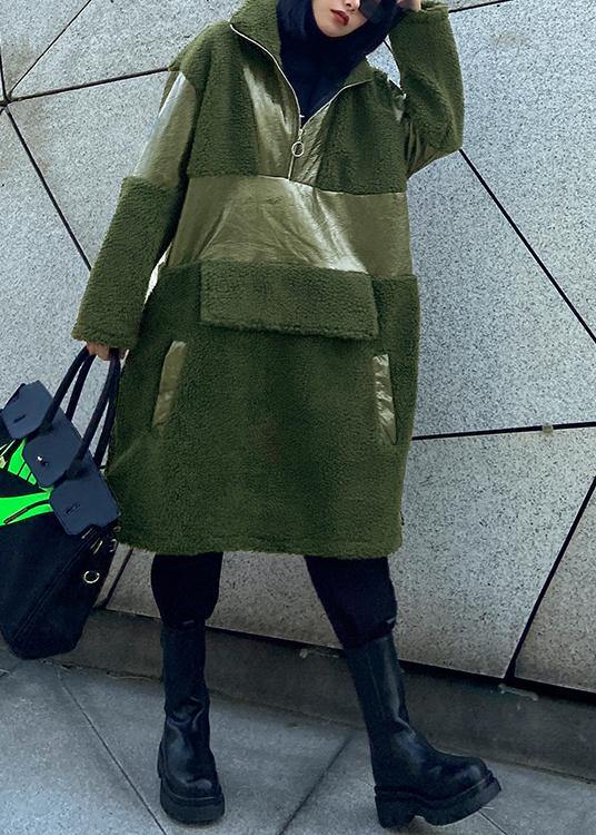 army green wool coat trendy plus size winter lapel patchwork PU jacket - bagstylebliss