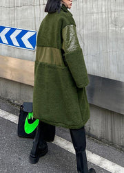 army green wool coat trendy plus size winter lapel patchwork PU jacket - bagstylebliss