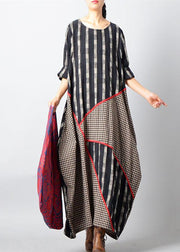 fine black Plaid autumn plus size clothing O neck baggy dresses traveling clothing vintage patchwork dresses