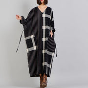 fine black Plaid casual v neck patchwork gown fine pockets Batwing Sleeve long dresses