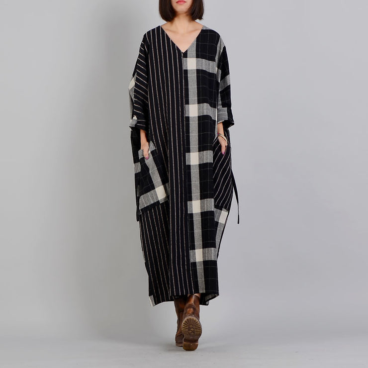 fine black Plaid casual v neck patchwork gown fine pockets Batwing Sleeve long dresses