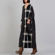 fine black Plaid casual v neck patchwork gown fine pockets Batwing Sleeve long dresses