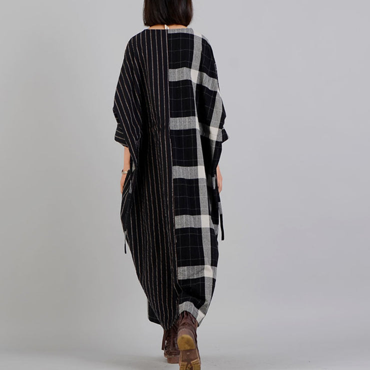 fine black Plaid casual v neck patchwork gown fine pockets Batwing Sleeve long dresses