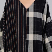 fine black Plaid casual v neck patchwork gown fine pockets Batwing Sleeve long dresses