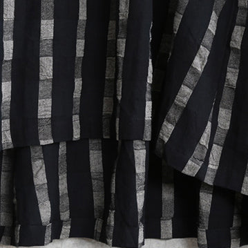 feines schwarzes kariertes Naturleinenkleid plus Größe O-Ausschnitt Patchwork-Leinen-Maxikleid 2018 Langarm-Taschenkleider