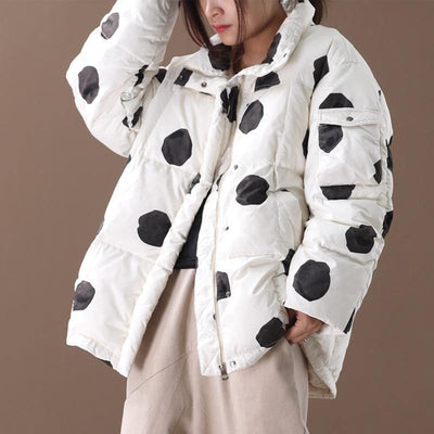 black dotted duck down coat plus size down jacket stand collar zippered Elegant coats - bagstylebliss