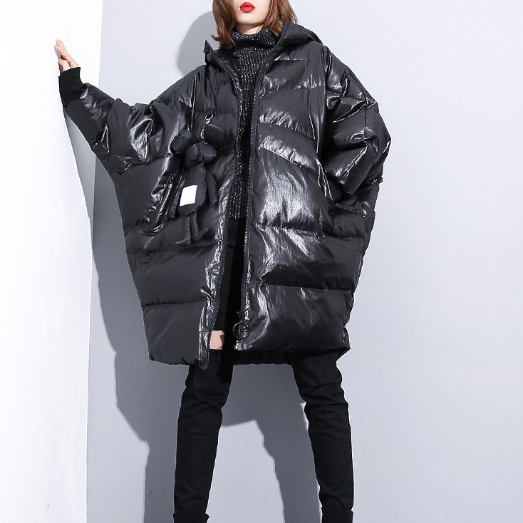 fine black down jacket plus size hooded cotton coat Elegant zippered pockets over coat