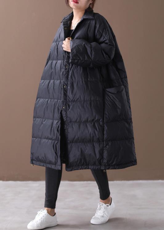 fine black goose Down coat plus size winter jacket stand collar Large pockets overcoat - bagstylebliss