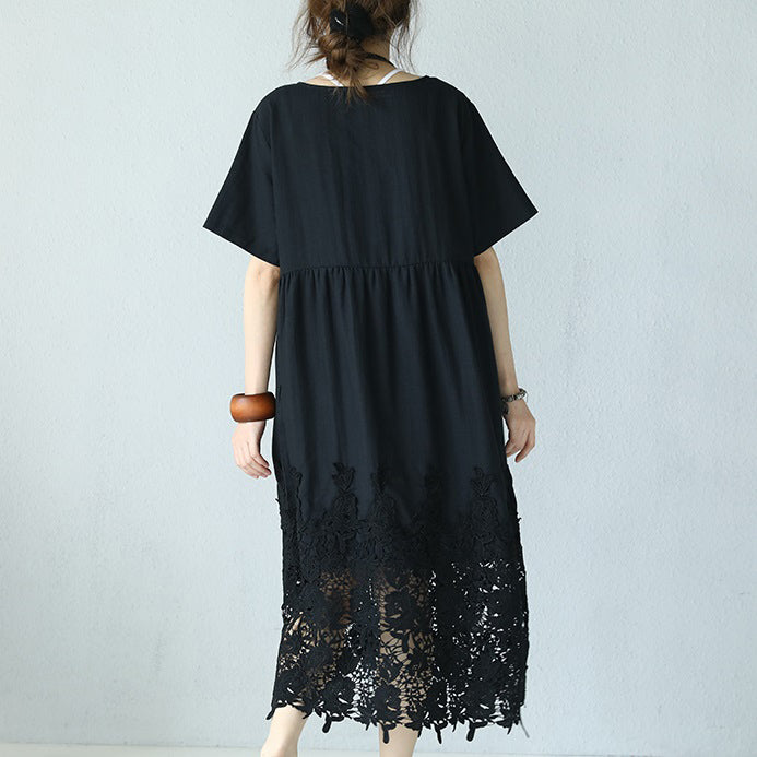 fine black linen dress Loose fitting O neck linen clothing dresses Elegant short sleeve baggy dresses