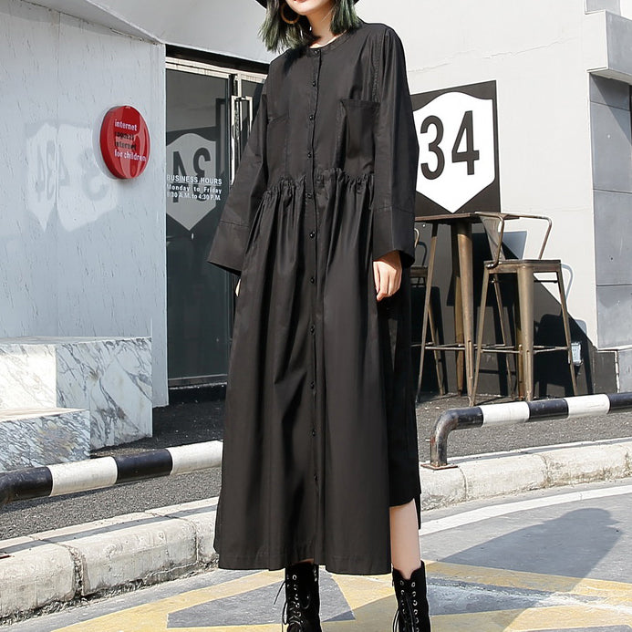 fine black long cotton dresses Loose fitting stand collar cotton clothing dress New elastic waist cotton caftans