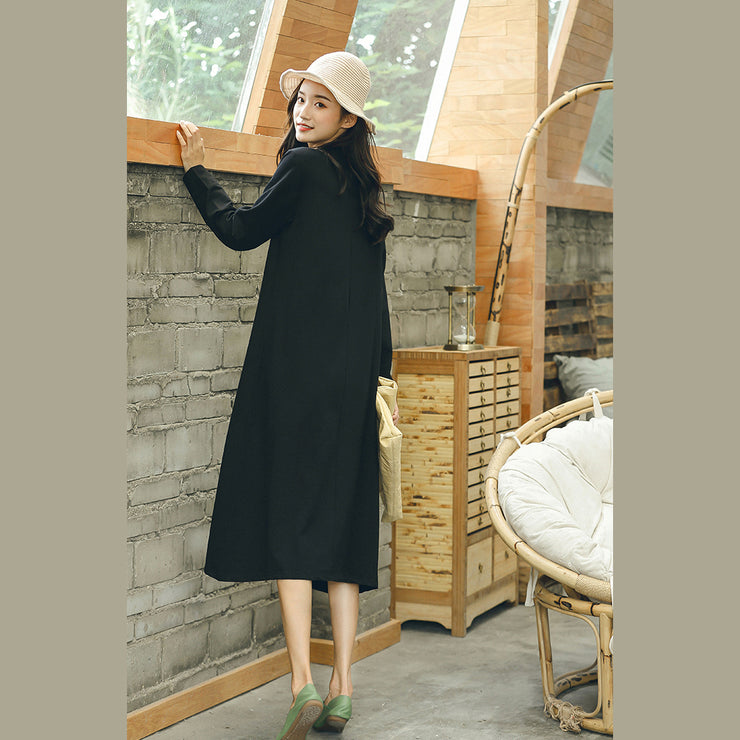 fine black plus size fall dresses baggy casual V neck Jacquard dresses