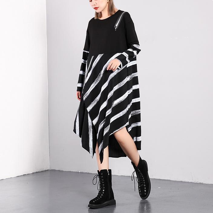 fine black striped 2018 fall plus size dresses asymmetrical design vintage O neck cotton blended dress