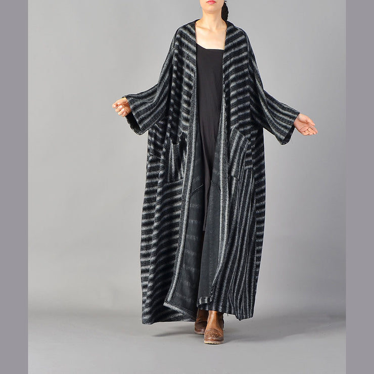 fine black striped maxi coat plus size pockets long coat women large hem winter coats