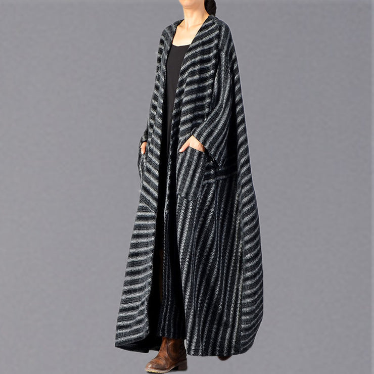 fine black striped maxi coat plus size pockets long coat women large hem winter coats