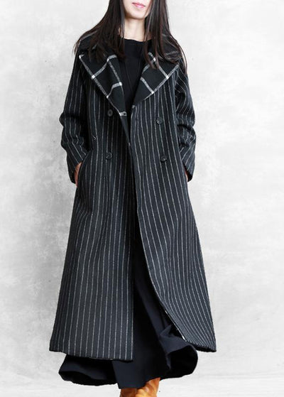 fine black striped wool coat oversized trench coat Notched patchwork - bagstylebliss