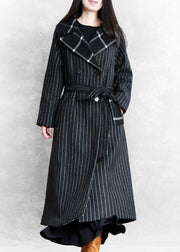 fine black striped wool coat oversized trench coat Notched patchwork - bagstylebliss