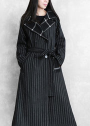 fine black striped wool coat oversized trench coat Notched patchwork - bagstylebliss