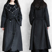 fine black striped wool coat oversized trench coat Notched patchwork - bagstylebliss