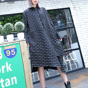 fine black white striped fall shirt dress plus size clothing Turn-down Collar women long sleeve asymmetrical design shirt dresses