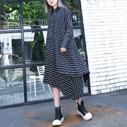 fine black white striped fall shirt dress plus size clothing Turn-down Collar women long sleeve asymmetrical design shirt dresses