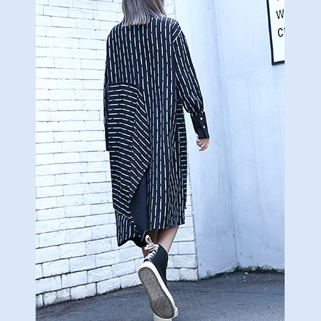 fine black white striped fall shirt dress plus size clothing Turn-down Collar women long sleeve asymmetrical design shirt dresses