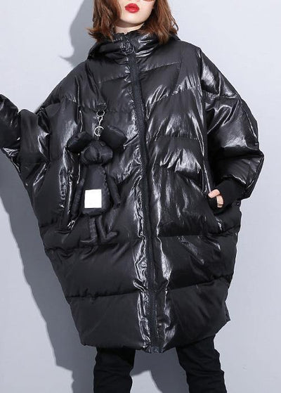 fine black winter outwear plus size Coats hooded zippered overcoat - bagstylebliss