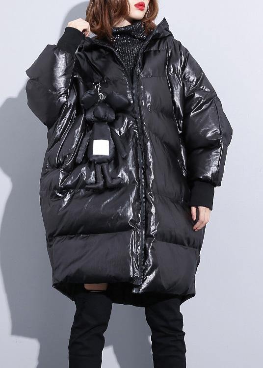 fine black winter outwear plus size Coats hooded zippered overcoat - bagstylebliss