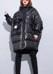 fine black winter outwear plus size Coats hooded zippered overcoat - bagstylebliss