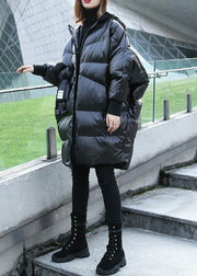 fine black winter outwear plus size Coats hooded zippered overcoat - bagstylebliss