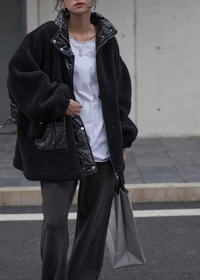 black wool coat stand collar patchwork women coats - bagstylebliss