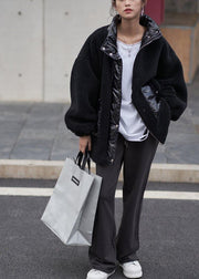 black wool coat stand collar patchwork women coats - bagstylebliss