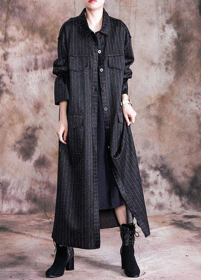 fine black woolen overcoat oversize Coats fall women coats striped - bagstylebliss