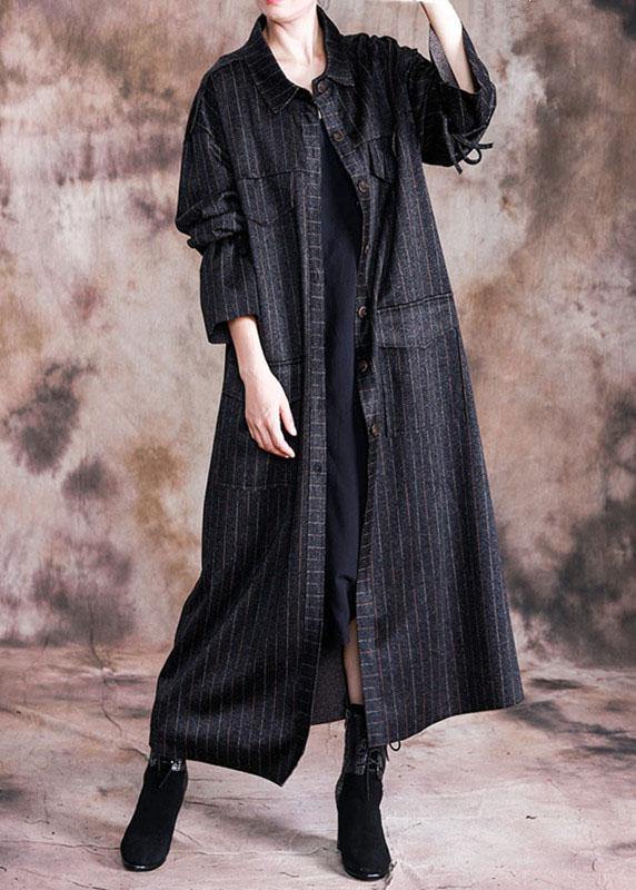 fine black woolen overcoat oversize Coats fall women coats striped - bagstylebliss