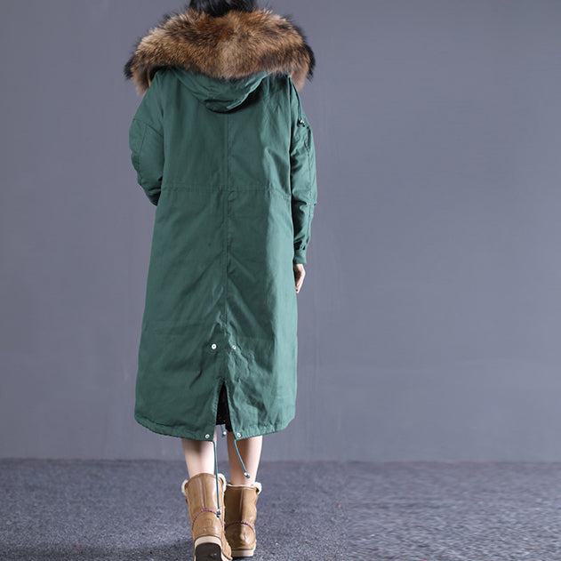 fine blackish green Puffers Jackets clothing hooded fur collar quilted coat New drawstring pockets winter outwear