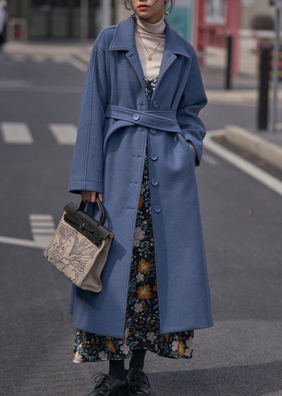 blue Woolen Coats Women oversize Notched tie waist long coat - bagstylebliss