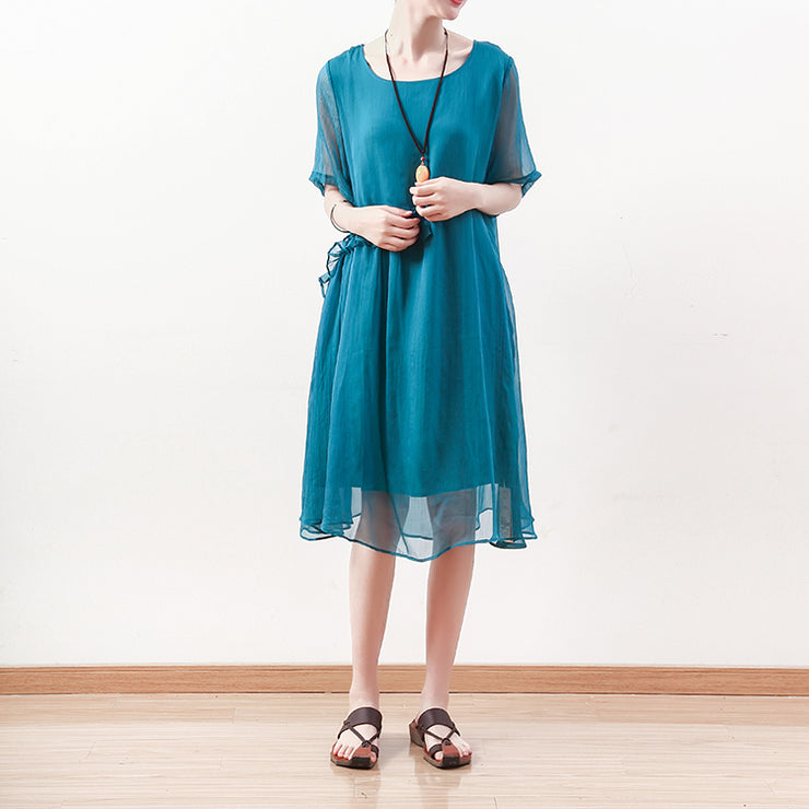 fine blue green Midi chiffon dresses plus size clothing chiffon maxi dress 2018 o neck asymmetric ruffles cotton dress