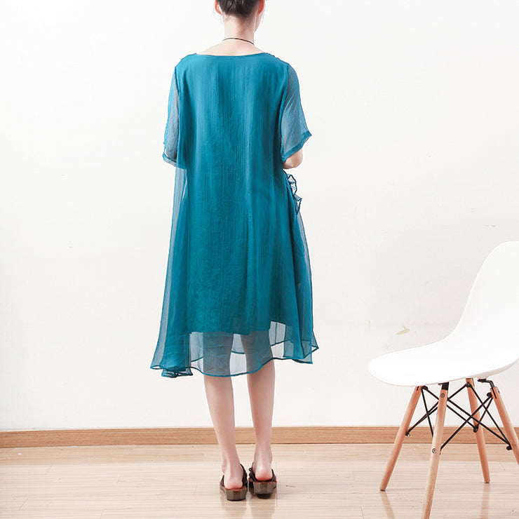 fine blue green Midi chiffon dresses plus size clothing chiffon maxi dress 2018 o neck asymmetric ruffles cotton dress