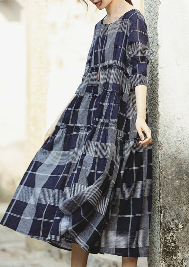 fine blue plaid grid chiffon caftans Loose fitting o neck baggy dresses gown women half sleeve pockets dresses