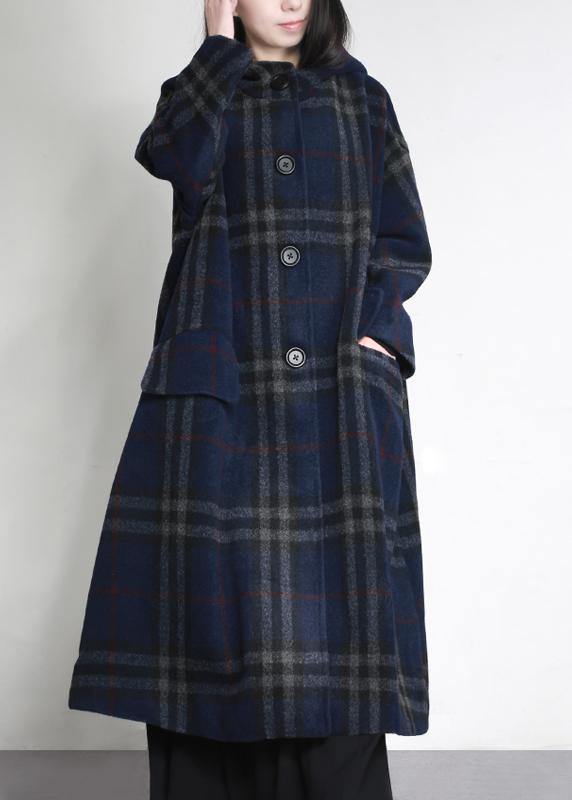 fine blue plaid woolen overcoat oversized hooded pockets Winter coat women coats - bagstylebliss