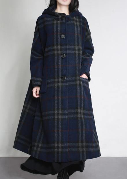 fine blue plaid woolen overcoat oversized hooded pockets Winter coat women coats - bagstylebliss
