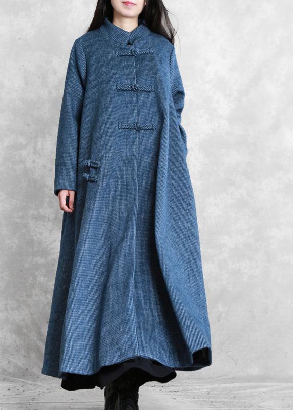 fine blue wool overcoat Loose fitting stand collar Chinese Button long coats - bagstylebliss