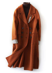 fine brown Woolen Coats plus size clothing maxi side open Notched coat - bagstylebliss