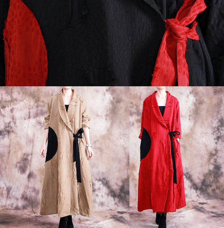 fine casual fall women coats black turn-down collar tie waist overcoat - bagstylebliss