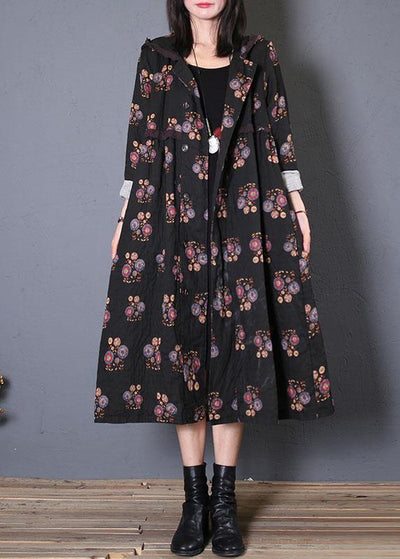 fine casual long coat fall black print hooded Cinched overcoat - bagstylebliss