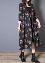 fine casual long coat fall black print hooded Cinched overcoat - bagstylebliss